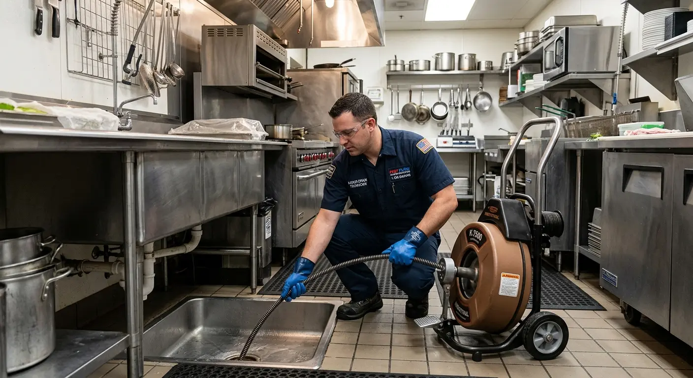 Commercial drain cleaning service in a restaurant kitchen in Coolbaugh