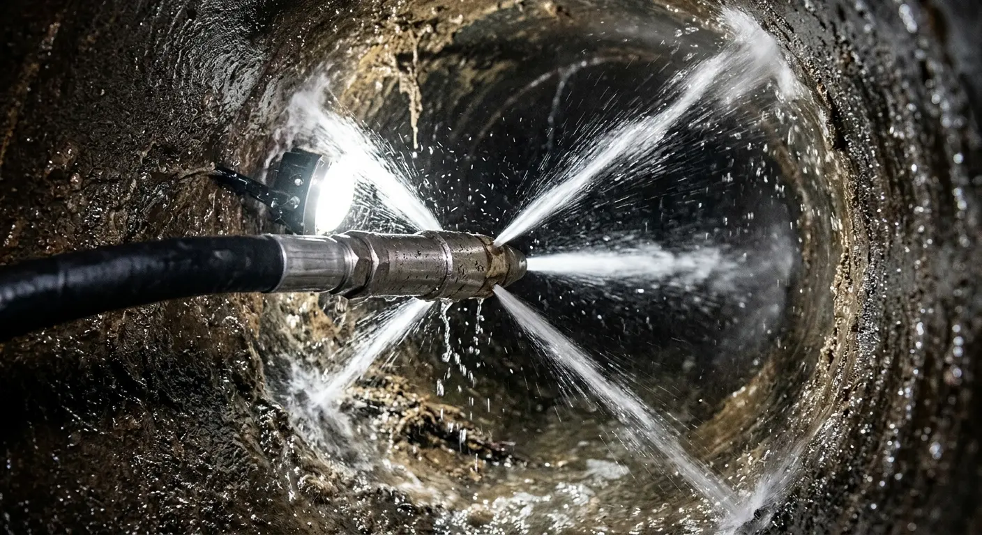 High-pressure hydro jetting nozzle cleaning sewer pipe for Trenchless Sewer Repair in Coolbaugh