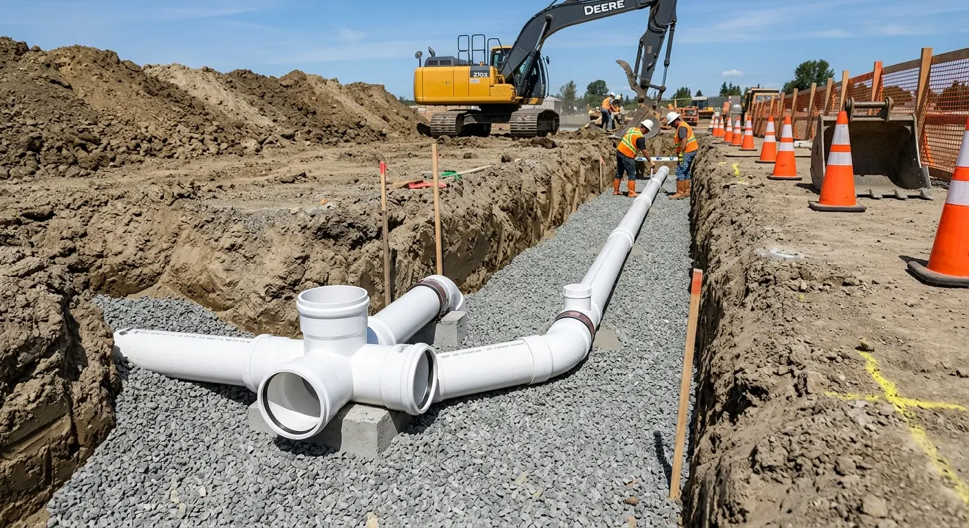 New PVC sewer pipe installation in open trench for Commercial Drain Cleaning in Coolbaugh